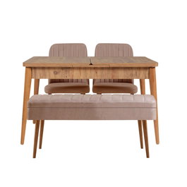 Hanah Home 0900 - 3 Conjunto Mesa y Sillas Extensibles, Tablero Melamina, Terciopelo, Pino Atlántico y Piedra, 4 Sillas y Banco